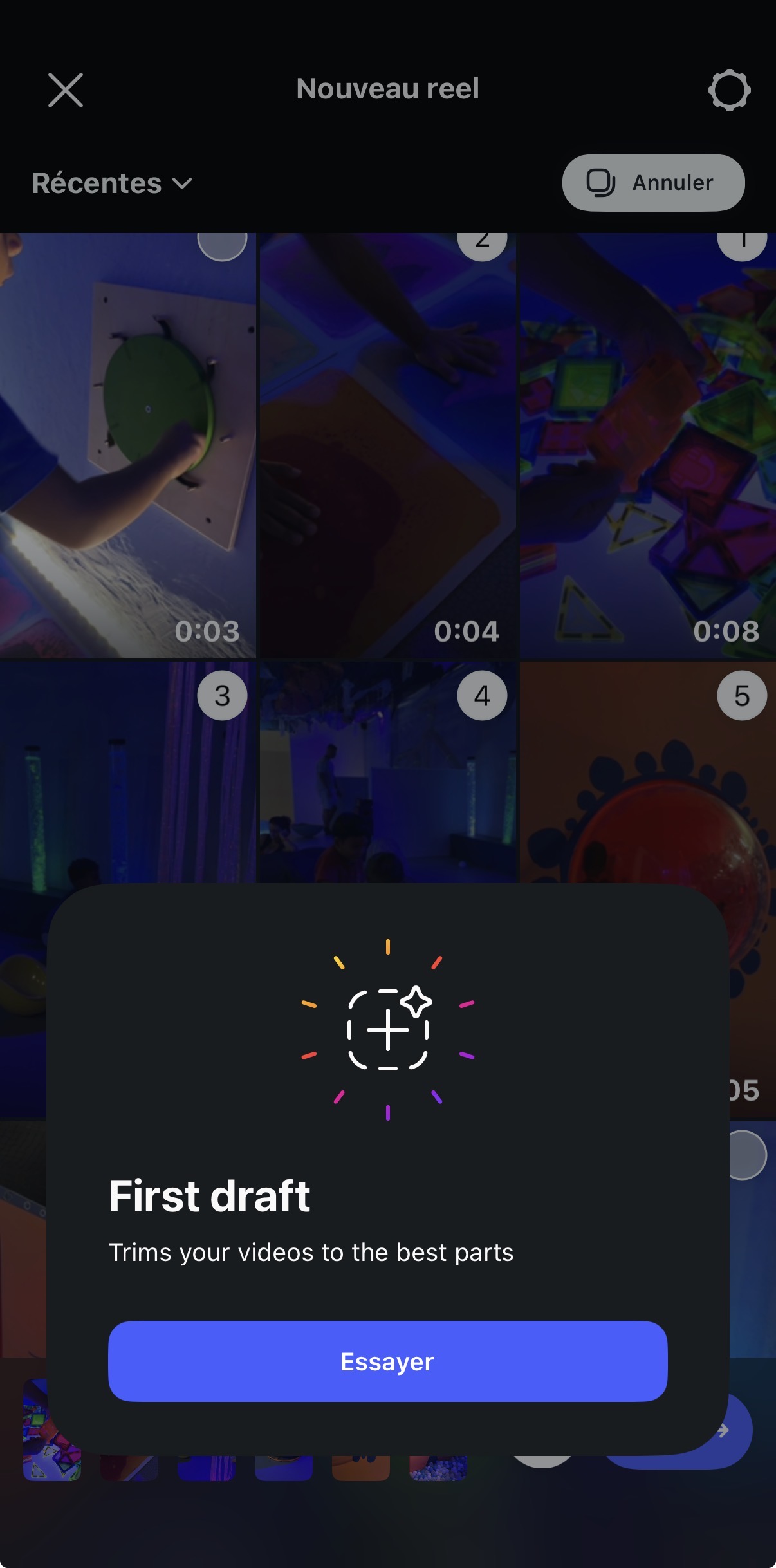 La fenêtre First Draft d'Instagram : « Trims your videos to the best parts »